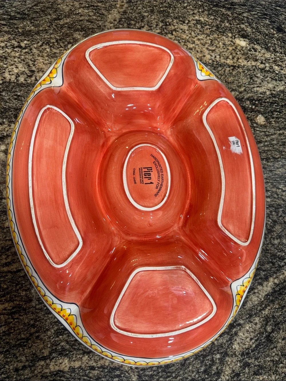 Pier 1 Hand-Painted Sectioned Serving Platter in Coral and Yellow